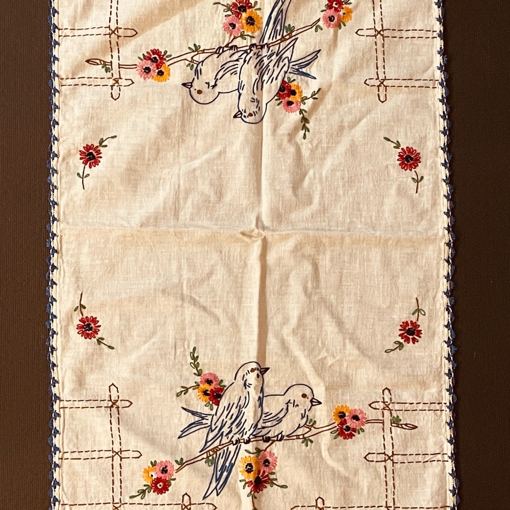 Antique vintage, Embroidered table runner, Bird Design Linen Fabric.